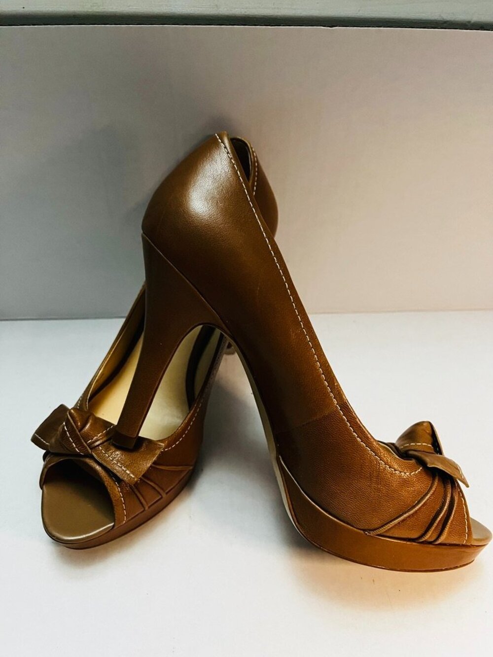 Franco Sarto Womens Stiletto Pump Brown Knot Peep Toe Old Money Coquette Y2K 9.5